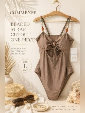 Commense NWT Beaded Strap Cutout One-Piece Swimsuit Brown Size L
